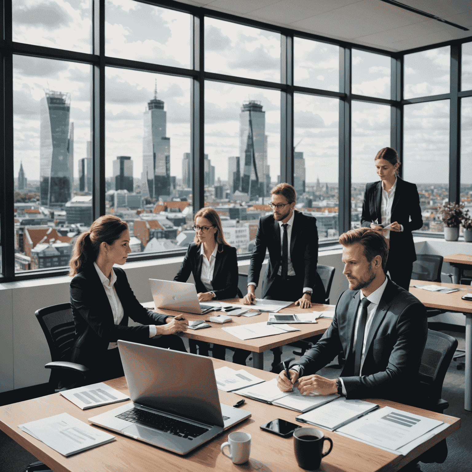 Een team van verzekeringsprofessionals in een modern kantoor, gekleed in zakelijke kleding, die samenwerken aan een grote tafel met laptops en documenten. Op de achtergrond zijn grote ramen met uitzicht op de skyline van een Nederlandse stad.