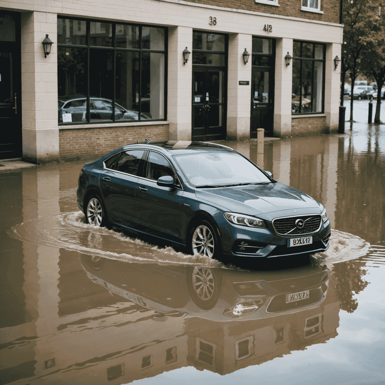 Een auto die veilig geparkeerd staat tijdens een overstroming, met zichtbare beschermingsmaatregelen zoals een waterdichte hoes en verhoogde parkeerplaats