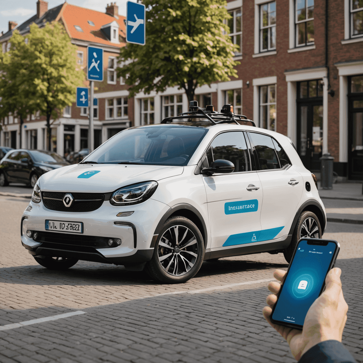 Een moderne auto met een smartphone die verbonden is met een verzekeringsapp, symboliserend slimme autoverzekeringen in Nederland