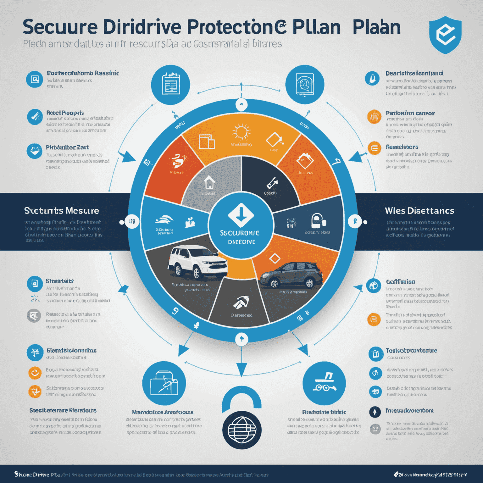 Een infographic die de verschillende onderdelen van het SecureDrive beschermingsplan laat zien, inclusief anti-diefstalmaatregelen, verzekering tegen natuurrampen en andere dekkingen