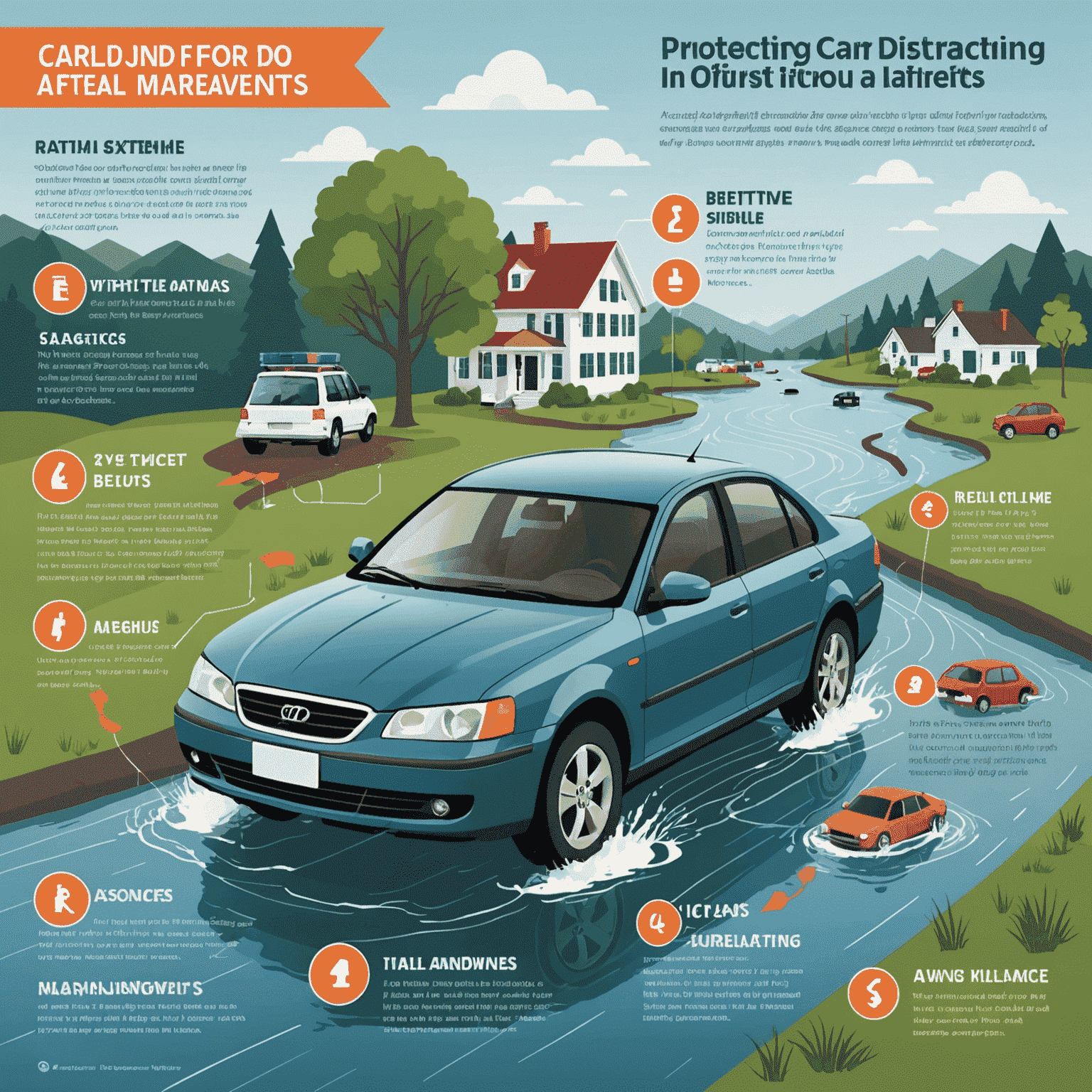 Een infographic die de belangrijkste stappen samenvat voor het beschermen van een auto tegen verschillende natuurrampen, inclusief overstromingen, orkanen en extreme temperaturen