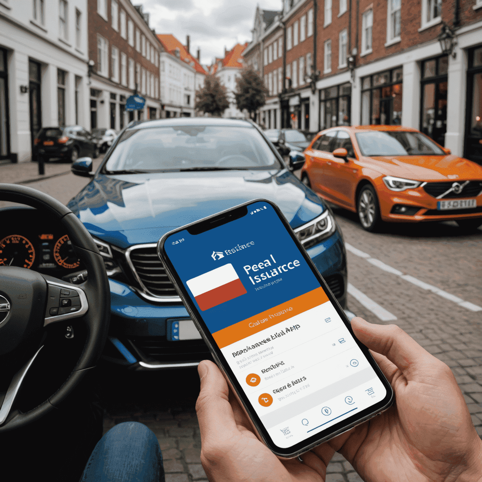 Een smartphone die een autoverzekerings-app toont met realtime gegevens en personalisatie-opties, met de Nederlandse vlag op de achtergrond.